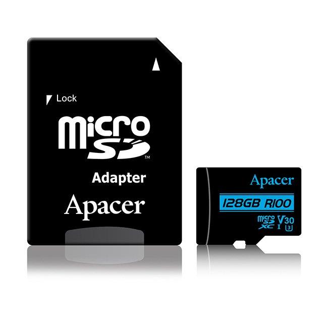 کارت حافظه 128 گیگابایت microSDXC اپیسر R100 به همراه آداپتور SD Apacer V30 A1 UHS-I U3 Class 10 100MBps microSDXC 128GB with SD Adapter